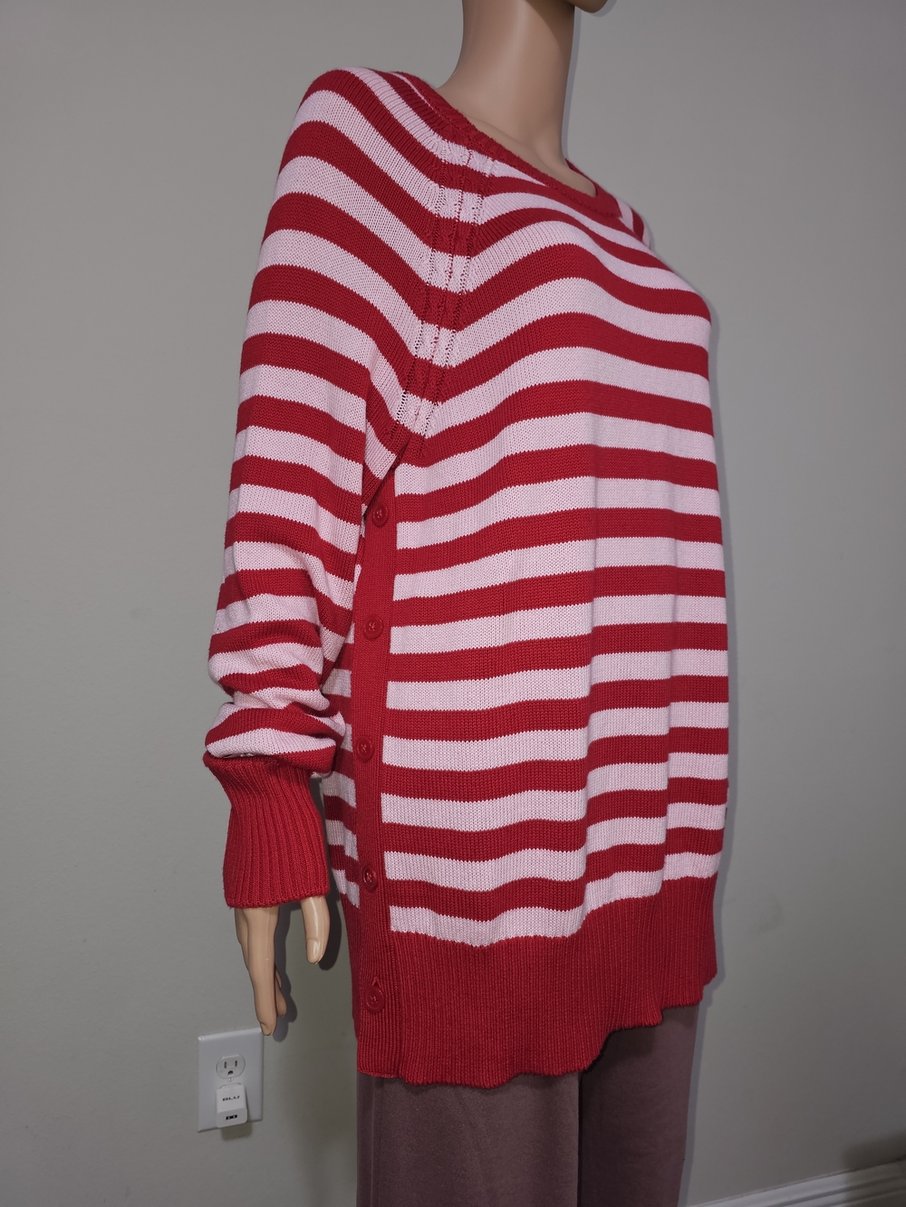 Kim Rogers Red and Light Pink Striped Sweater with Side Buttons